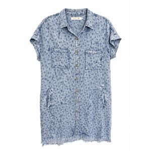 Billy T Ditsy Floral Shirtdress Blue Raw Hem Pockets Lyocell Linen M